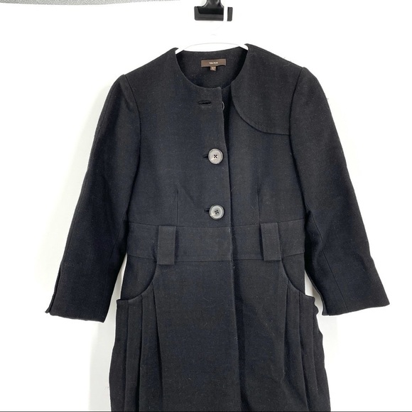 Vera Wang Black Wool Blend Pea Coat Front Pockets Pleated Jacket - Picture 2 of 6